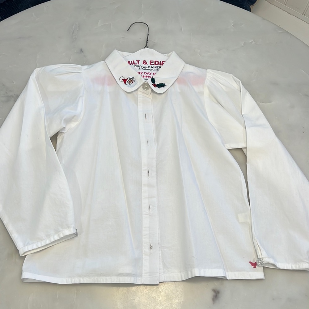 Pink Chicken White Long Sleeve Silver Button Santa Shirt Size 10
